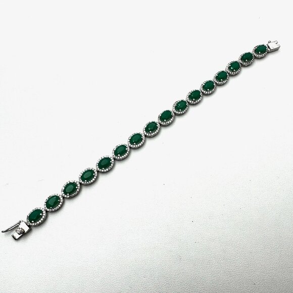 Green & White Gemstone Sterling Silver Tennis Bracelet 14 Grams 7 Inch - Picture 3 of 4